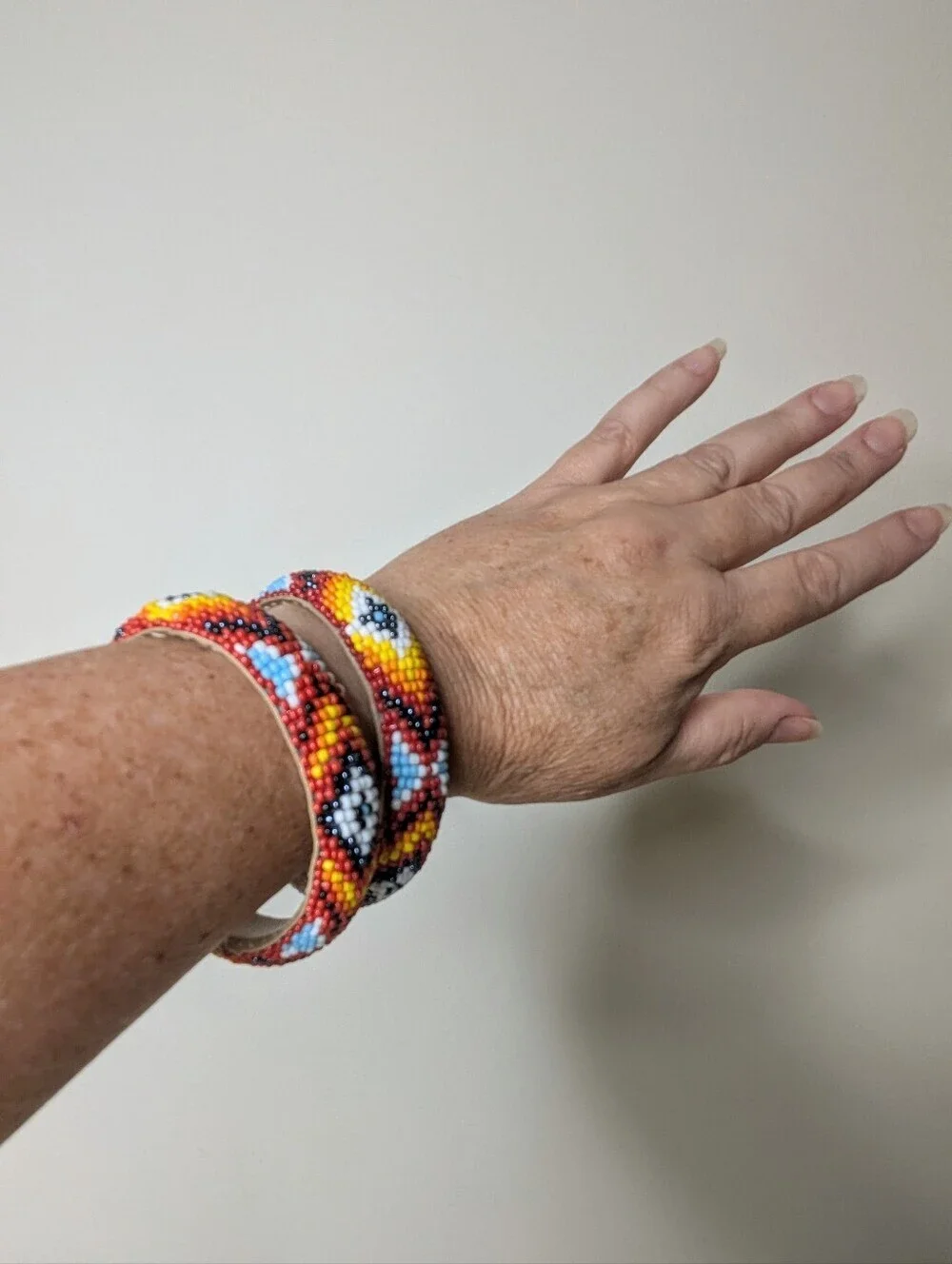 Vintage Handmade Pair Native American Colorful Beaded Round Bracelet Cuff